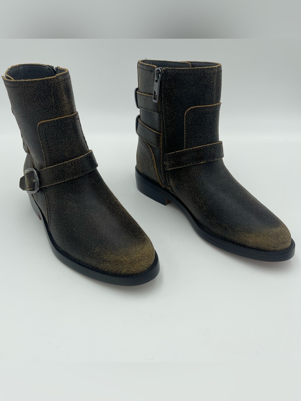 Franco Sarto Women SZ 5.5 Prina Ankle Moto Black Distressed Leather Boots $180